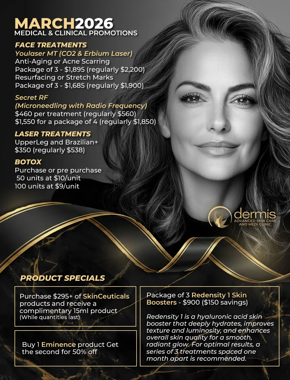 March 2026 Medical and Clinical Promotions at Dermis Advanced Skin Care — Face Treatments, Laser, Botox, and Product Specials